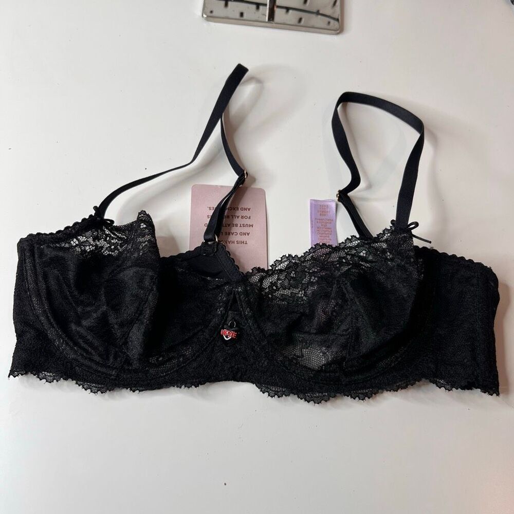 Savage x Fenty Romantic Corded Lace Unlined Balconette Bra Sz 34C Black